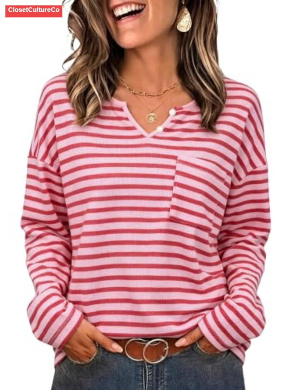 Waffle Knit V-Neck Long Sleeve Tunic Top with Buttons Relaxed Fit